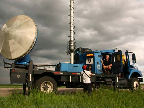 One of the VORTEX2 mobile Doppler radar systems used to monitor the movement of rain and hail within the storm. This reveals the wind patterns flowing around the tornado