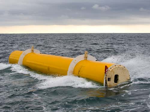 The Oyster in operation in 2009. The Oyster is designed as a simple mechanical hinged flap connected to the seabed at around 10m depth. Each passing wave moves the flap, driving hydraulic pistons to deliver high pressure water via a pipeline to an onshore electrical turbine.