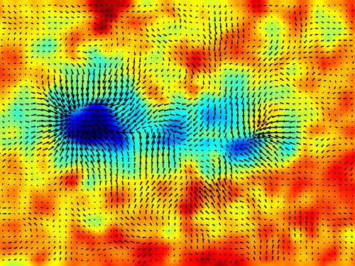 A helioseismic analysis, revealing how acoustic waves move through the sun. The relatively cool matter of sunspots absorbs acoustic waves