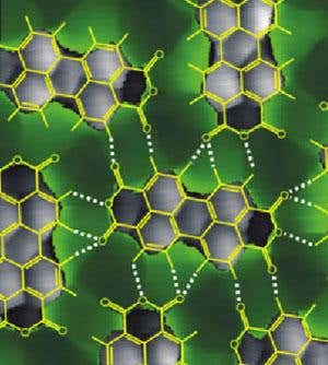 Structure of PTCDA molecules, with hydrogen bonds shown as dotted lines, overlaid on STM image