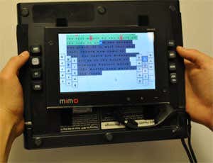RearType prototype front, with thumb buttons, showing study software including semi-transparent visualisation (the 'h' key has just been pressed)