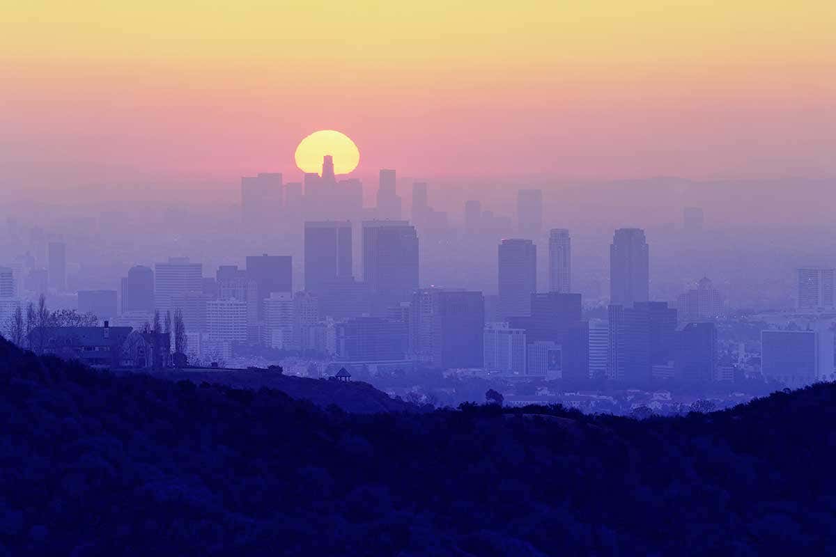 City skyline at sunset