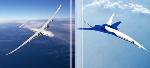 Boeing submitted these concept designs for a hybrid subsonic (left) and a high fuel efficiency supersonic airplane to NASA as part of the agency's N+3 program, which sought concepts for greener, higher performance commercial airplanes. The Subsonic Ultra Green Aircraft Research (SUGAR) project identified hybrid technology as a clear winning concept for subsonic aircraft, as long as battery technology can be improved to make the planes commercially viable  