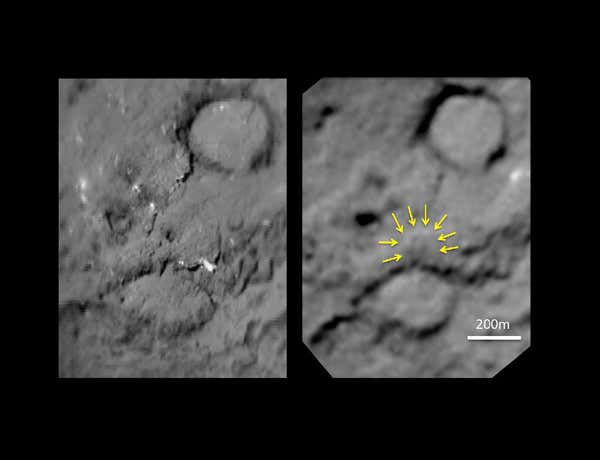 At right, a Stardust image shows a crater blasted out of Tempel 1 by NASA's Deep Impact mission. Arrows point to the crater's rim. At left is a composite image of the same area made by Deep Impact prior to the collision in 2005