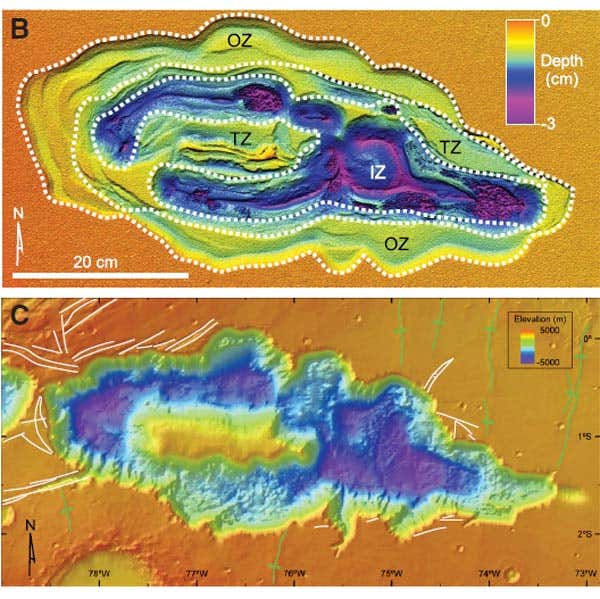 A model of Hebes Chasma using sand and tiny glass spheres (top, with elevations shown in false colour) matches the topography of the real canyon (bottom) (Top image: Tim Dooley; bottom image: Alan Gillespie/NASA)