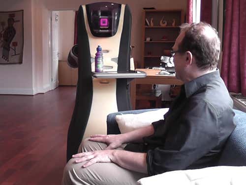 Instead of using a risky robot arm, the butlerbot sidles up to our man’s side and offers him a drink on its articulated tray
