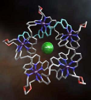 The knotted molecule. The chloride ion is the central green sphere, and the iron ions are shown in shiny purple