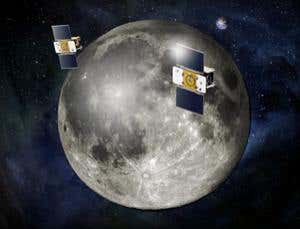 Twin satellites buzz around man in the moon