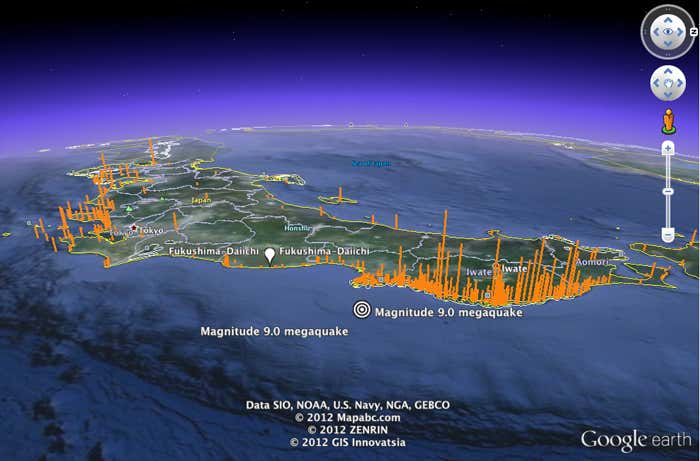 Information that was available when the Fukushima plant was designed in 1965, on historical tsunami heights, shows waves up to 38 metres high had hit the coast a couple of hundred kilometres north of Fukushima (to the right of the plant in the image below). The plant's designers considered only the modest tsunamis experienced in its immediate vicinity, and built a sea wall to resist waves up to 3.1 metres high. The wall was raised to 5.7 metres after a reassessment of the risks in 2002. But that offered no protection on 11 March 2011, when a magnitude-9.0 quake sent waves up to 15 metres high crashing through the site. (Source: Novisibirsk Tsunami Laboratory database)