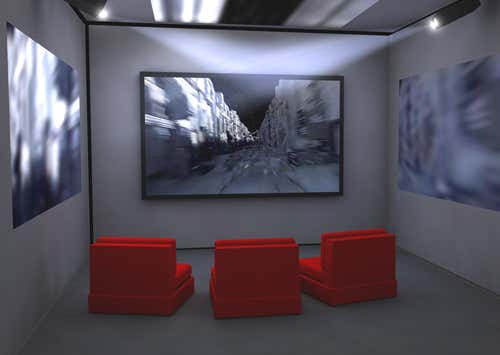 Illustration of room with low chairs and video screens on the wall