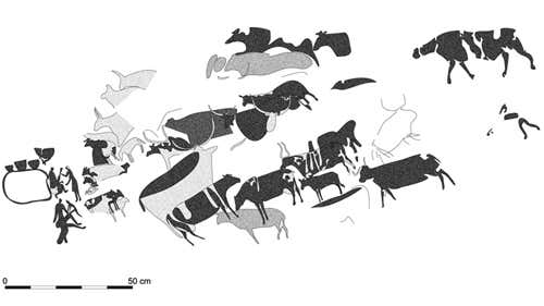 Tracing of rock art from Teshuinat II rock shelter, south-west Libya, showing pastoralists with their pots and cattle
