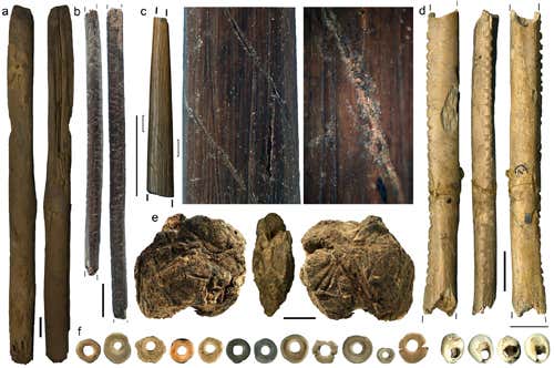 Organic artefacts from Border Cave. a) Wooden digging stick, dated 40,986 - 38,986 cal BP; b) Wooden poison applicator, dated to 24,564 - 23,941 cal BP; c) bone arrow point decorated with red pigment; d) bone object with four sets of notches, probably used for notation; e) lump of beeswax bound with vegetal twine and dated 41,167 - 39,194 cal BP; f) ornamental ostrich eggshell and marine shell beads dated 44,856 - 41,010 cal BP 