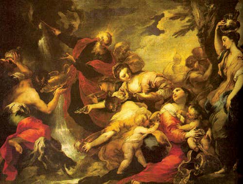 Robert Pepperell has taken the composition of Valerio Castello's Moses Striking the Rocks (below) for his ambiguous artwork, Paradox (see image)