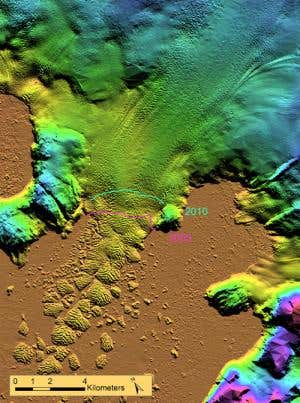 Extent of Kong Oscar glacier ice in 2010 (green) and 2005 (pink) (Image: Anders A. Björk, Natural History Museum of Denmark