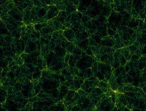 A snapshot of the large-scale matter distribution studied in this latest research. It is a slice from a large simulation called GiggleZ, which complements the WiggleZ survey