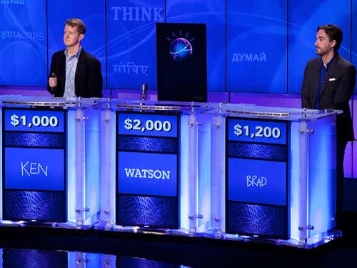 Contestants Ken Jennings and Brad Rutter compete against Watson at a press conference to discuss the upcoming Jeopardy! competition at the IBM T. J. Watson Research Center on 13 January 2011 in Yorktown Heights, New York 