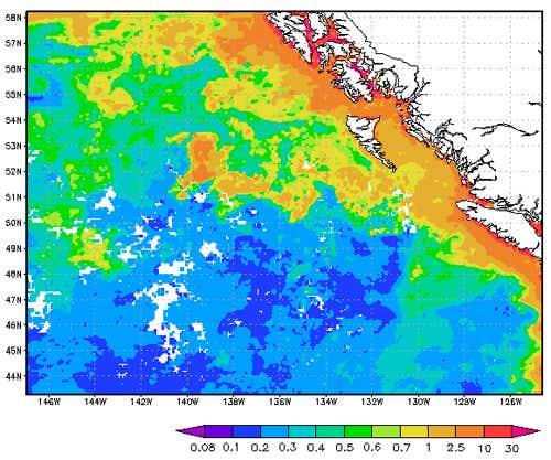 High chlorophyll levels, shown in oranges and reds and indicative of plankton blooms, were spotted by satellite at the time the iron fertilisation experiment took place