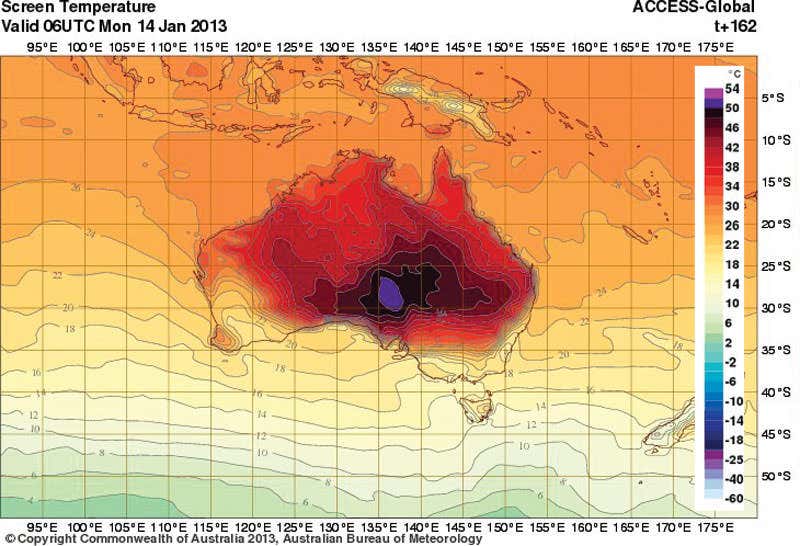 On Monday, the Australian Bureau of Meteorology forecast that temperatures later this week would reach 54 degrees Celsius, leading them to add two new shades of purple to their temperature scale. The forecast was later revised to show temperatures maxing out at 50C on Saturday