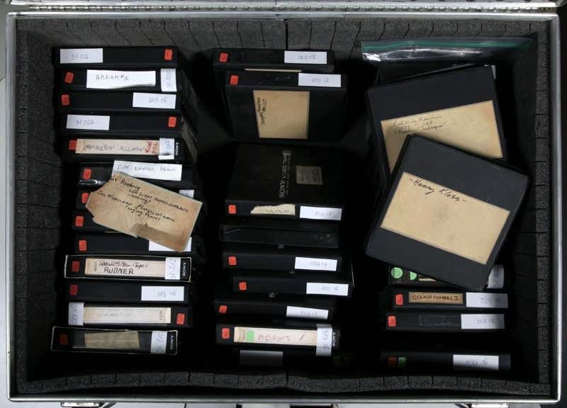 Gerd Stern's suitcase collection of of videotapes 