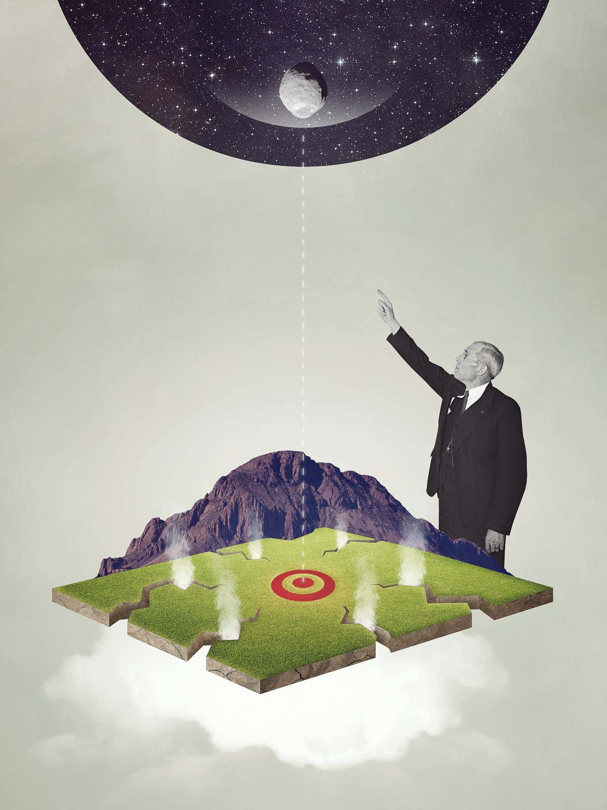 artwork of man standing beside a miniature mountain range and a plain with a target marked on it and plumes of white stuff coming out of the ground; he is pointing at a large ball overhead