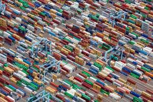 Shipping containers create a sea of colour from above