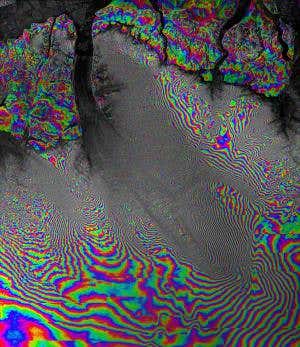 Wrinkly radar rainbows reveal a galloping glacier