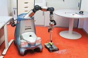 Robot cleaner can empty bins and sweep floors