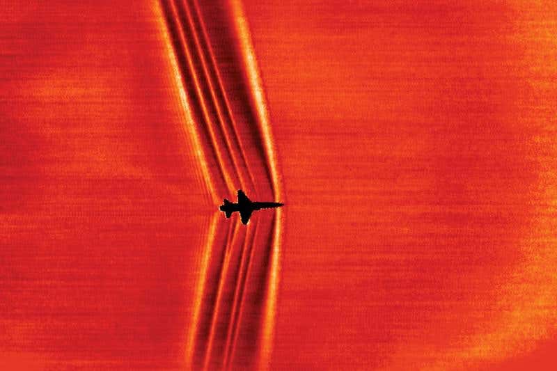 Jet's shock waves captured against the sun's brightness