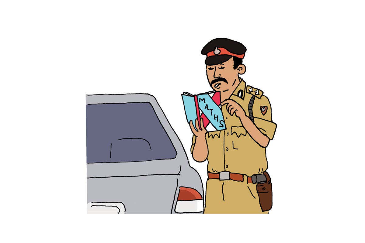 Cartoon showing police officer checking a book