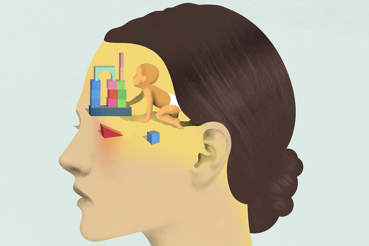 Illustration of woman's head with a baby playing inside it