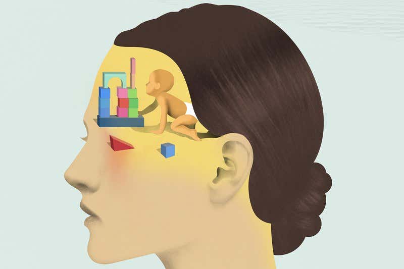 Illustration of woman's head with a baby playing inside it