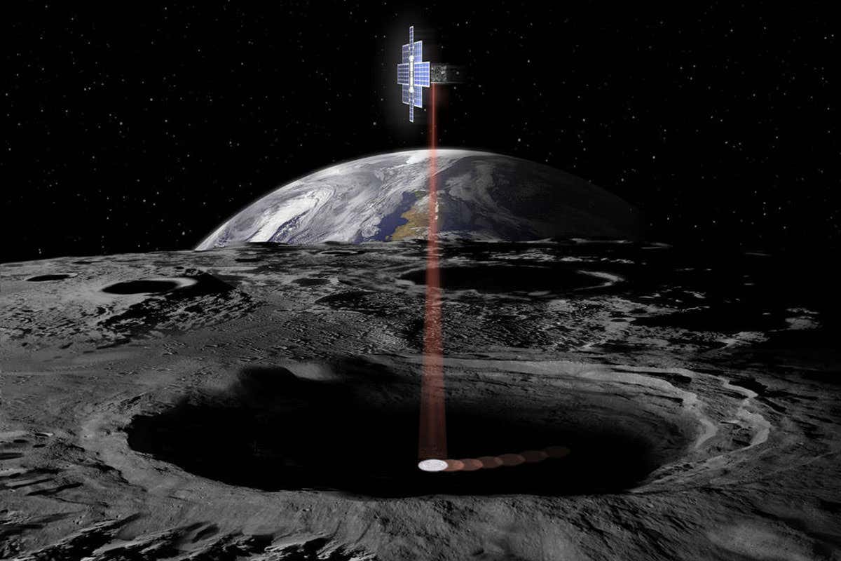 A CubeSat orbiting the moon scans its pole for water