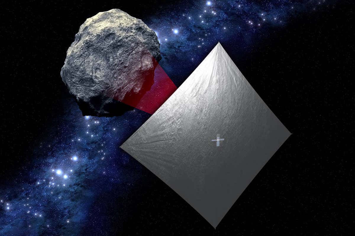 A CubeSat with a solar sail orbits an asteroid