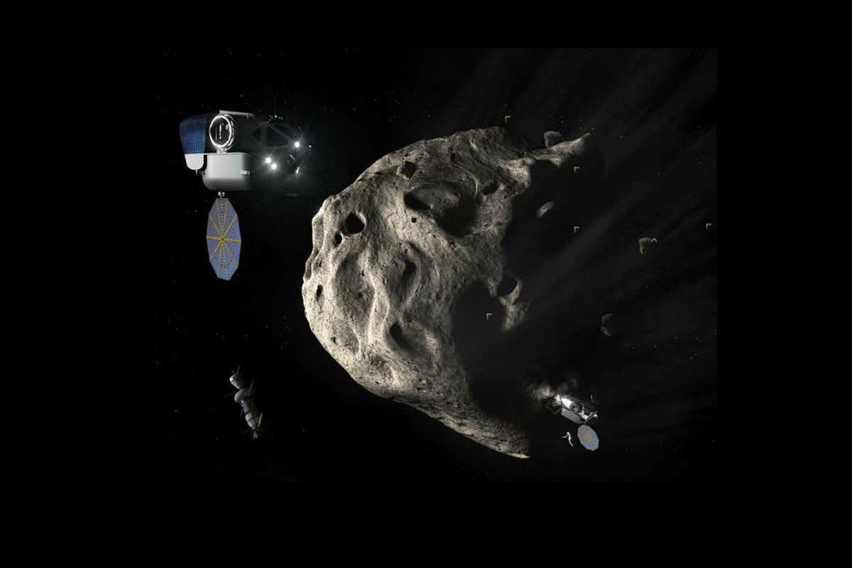 Three satellites surround an asteroid