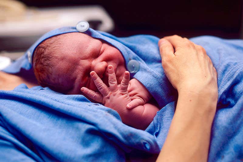 A newborn baby wrapped in blue hospital drapes and held in a person's arms, lying down