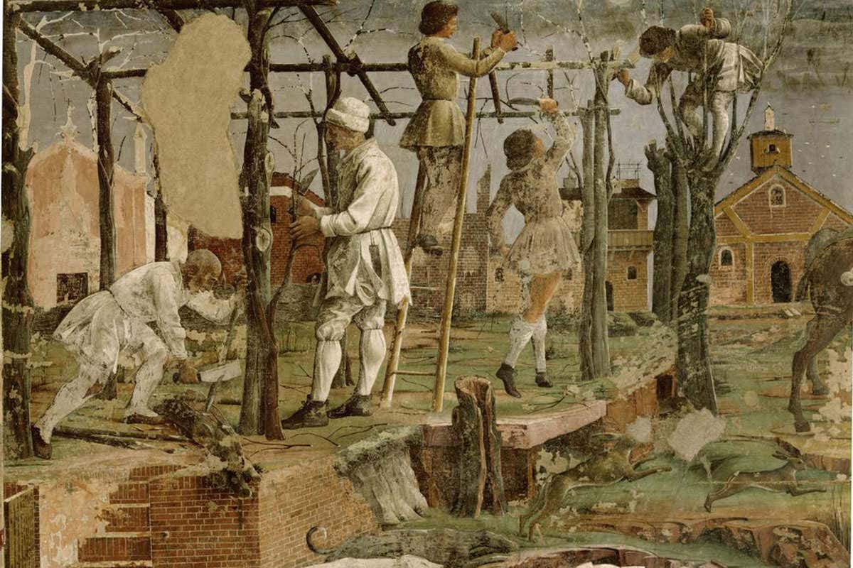 An aged painting of farmers tending to crops