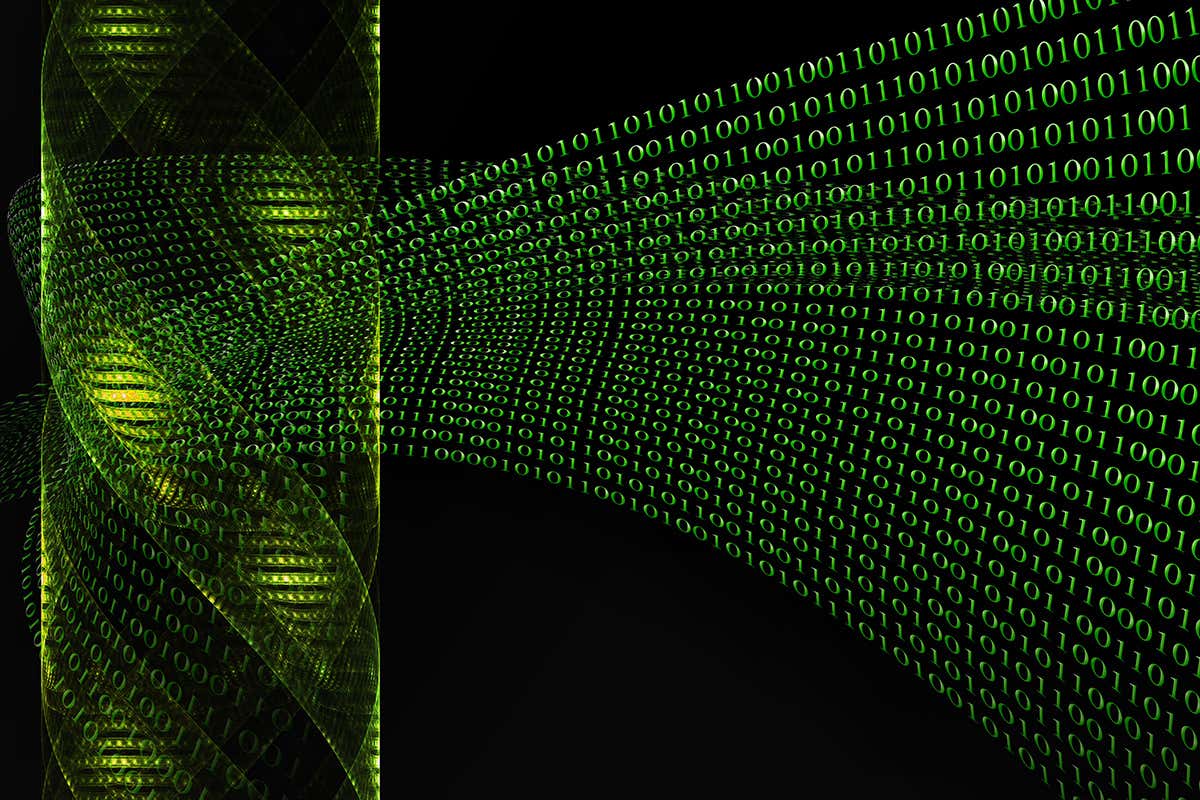 An illustration of a DNA spiral in green light on a black background with genetic code letters coming out of it a bit like in The Matrix
