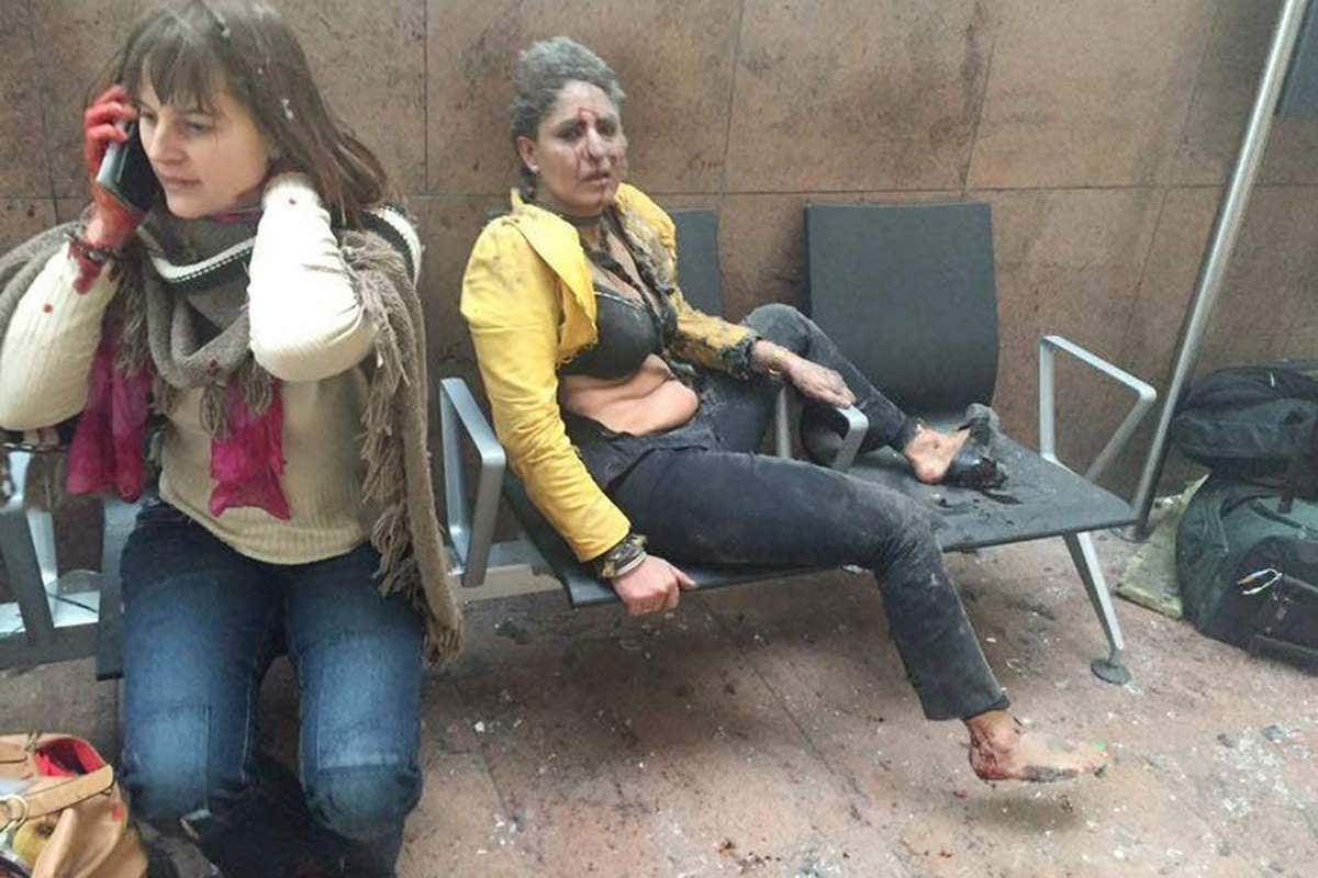 Woman on bench after attack in Brussels
