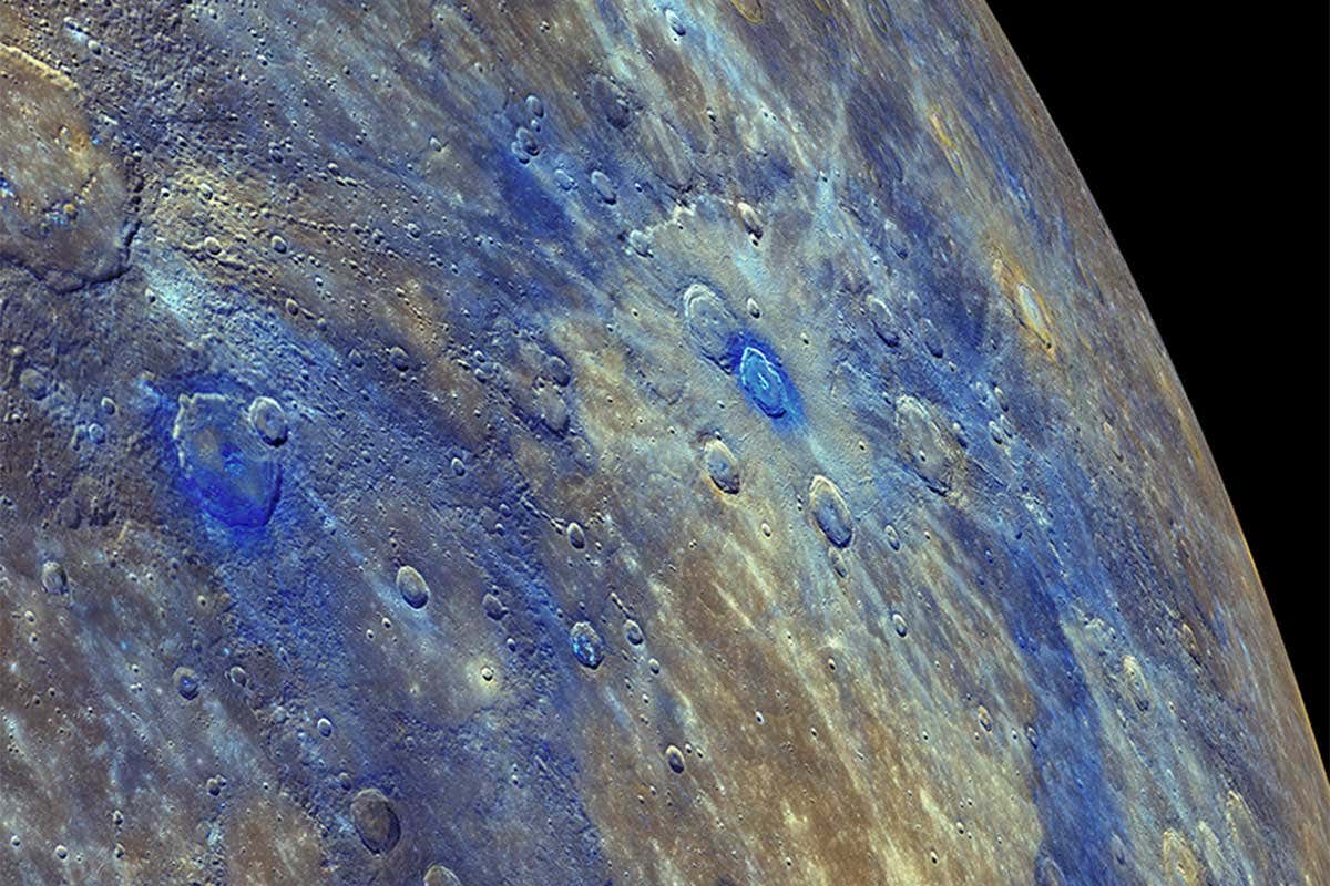 Mercury in false colour, imaged by the Messenger probe