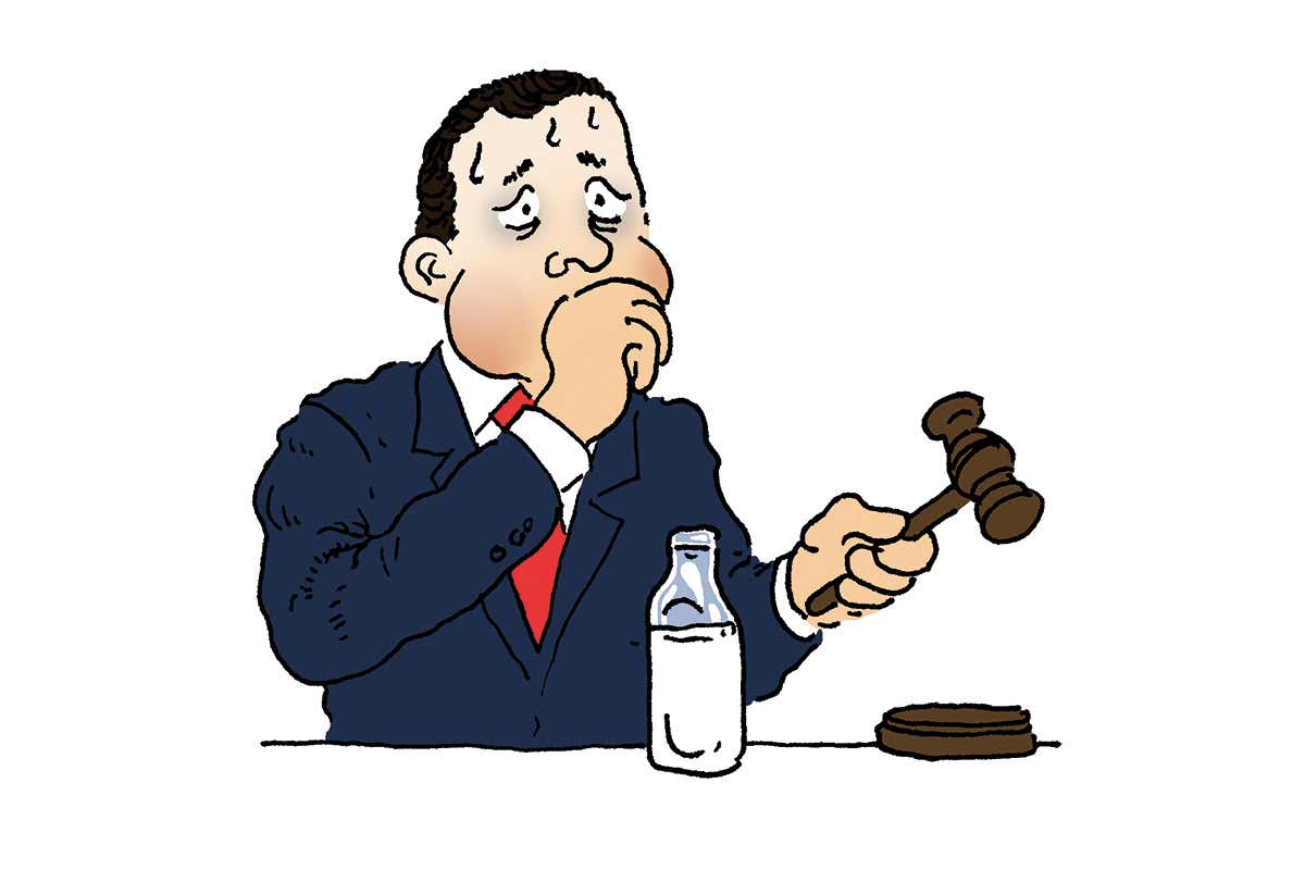 Cartoon of man in suit holding a gavel, sweating, with his hand over his moutn, with a bottle of milk in front of him