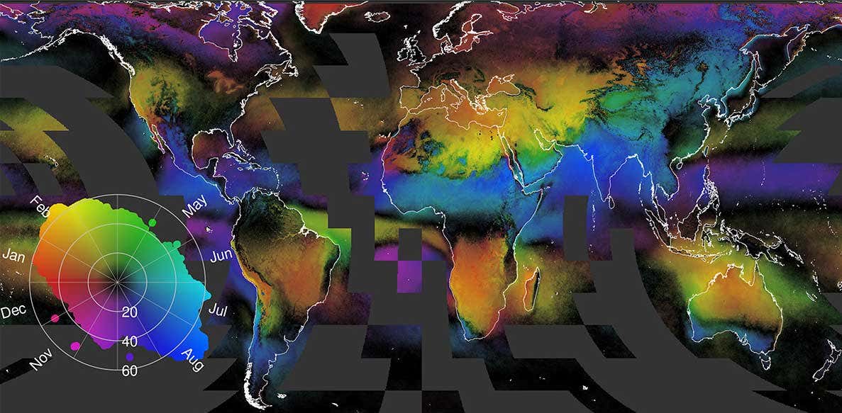 A map showing fluctuations in cloud cover by season. The hue indicates the month of peak cloudiness, and the saturation and value indicate the concentration of clouds, from 0 (black, with all months equally cloudy) to 100 (all clouds observed in a single month)