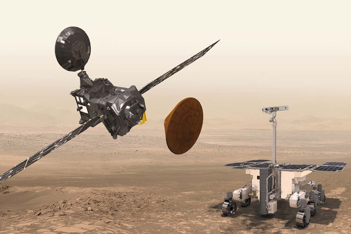 Artist's impression of the Trace Gas Orbiter flying above the ExoMars rover