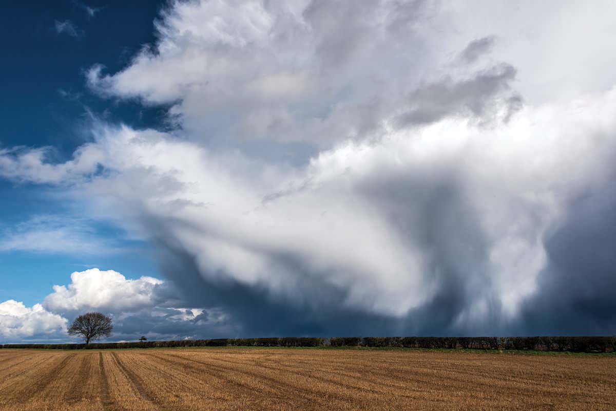 Rainclouds roll in over a field