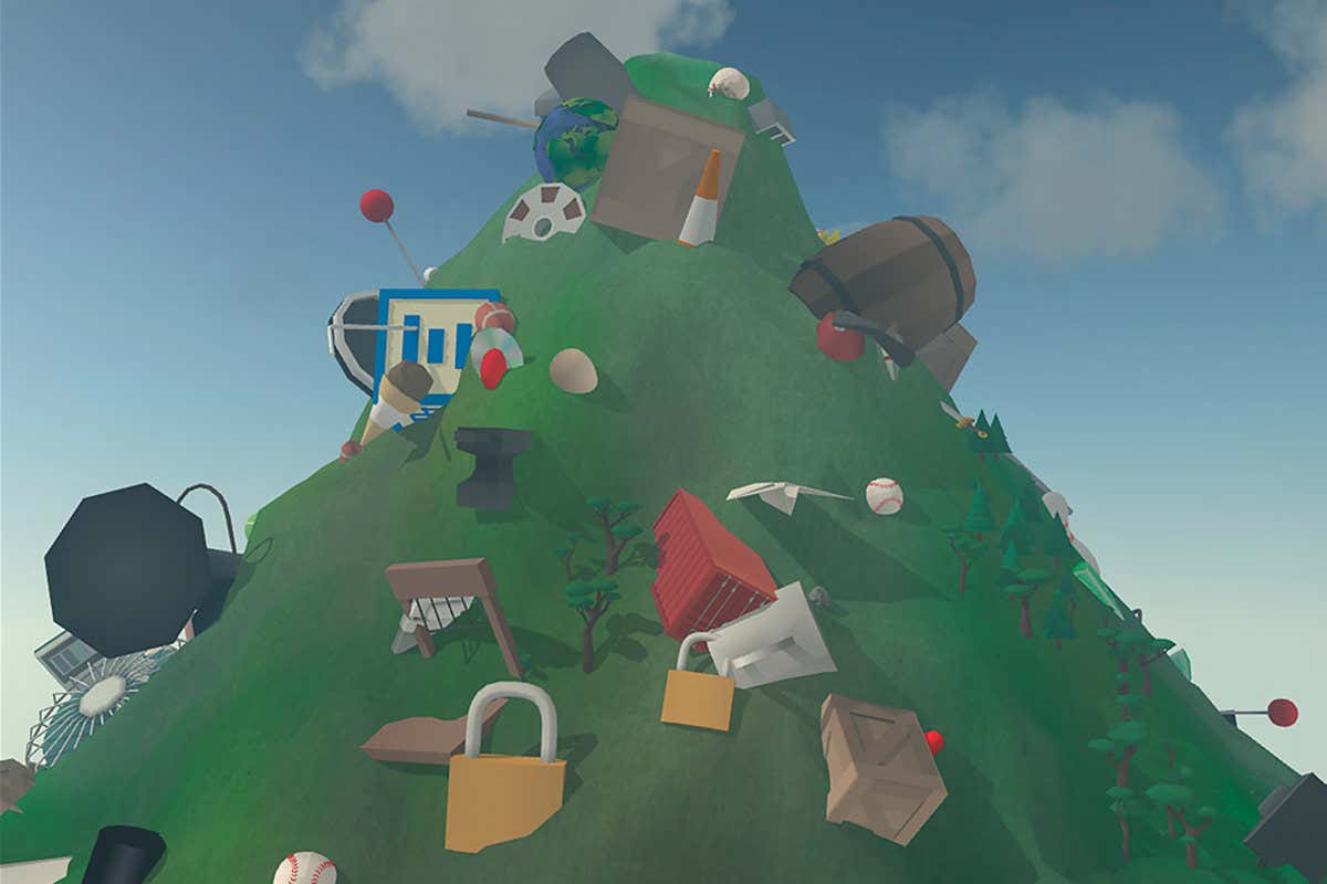 Another scene from Mountain, showing various objects apparently embedded in the mountainside