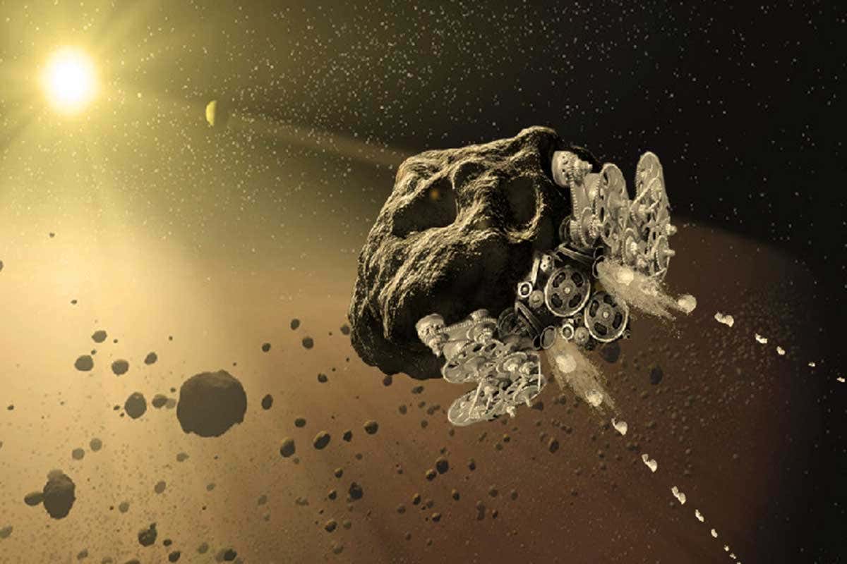 Artwork of an asteroid zooming away from us with lots of cogs and engine parts attached to its backside