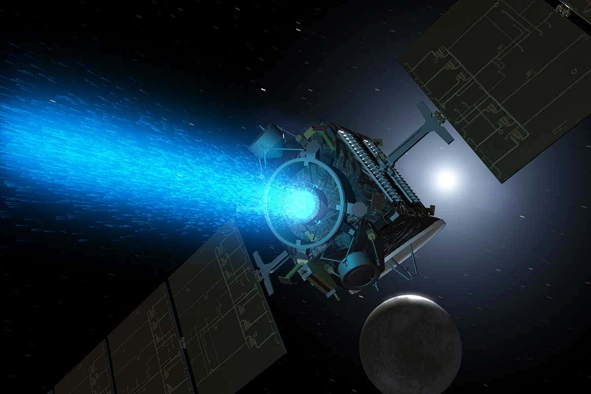 Dawn probe with beam of blue light come from the front