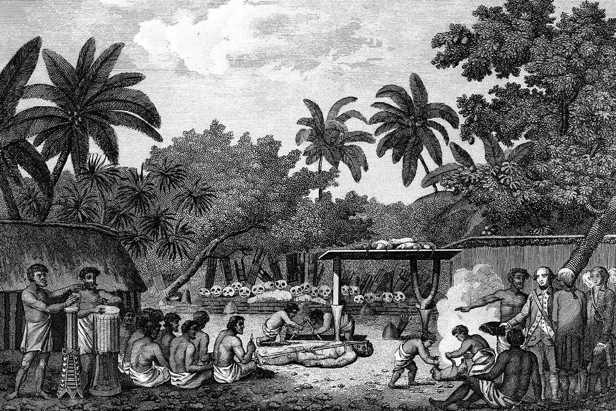 James Cook (1728-79) English navigator, witnessing human sacrifice in Taihiti (Otaheite) c1773 during his second Pacific voyage 1772-1775. Engraving from 1815 edition of Cook's Voyages.