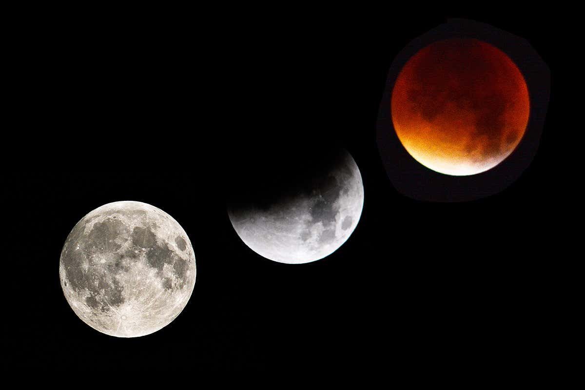 Composite showing full, partly eclipsed and totally eclipsed reddish moon