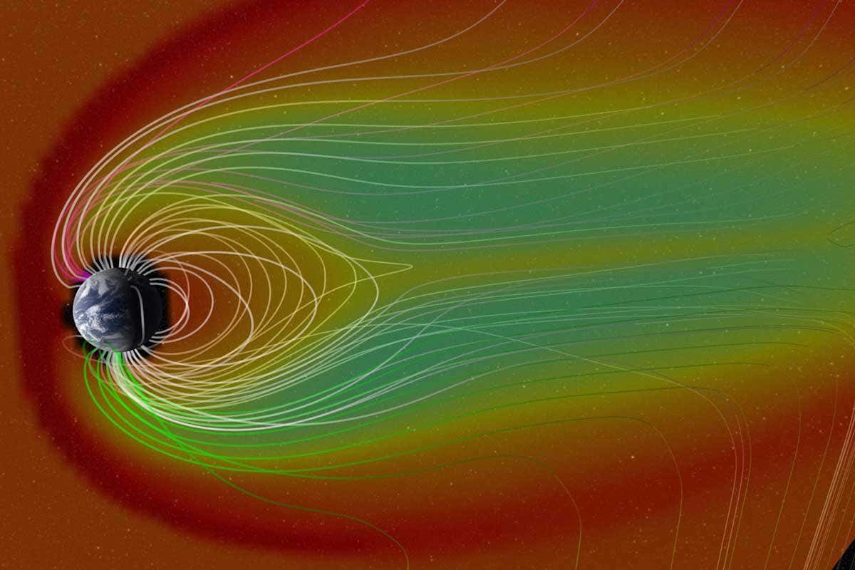 A diagram of Earth's magnetic field in colour