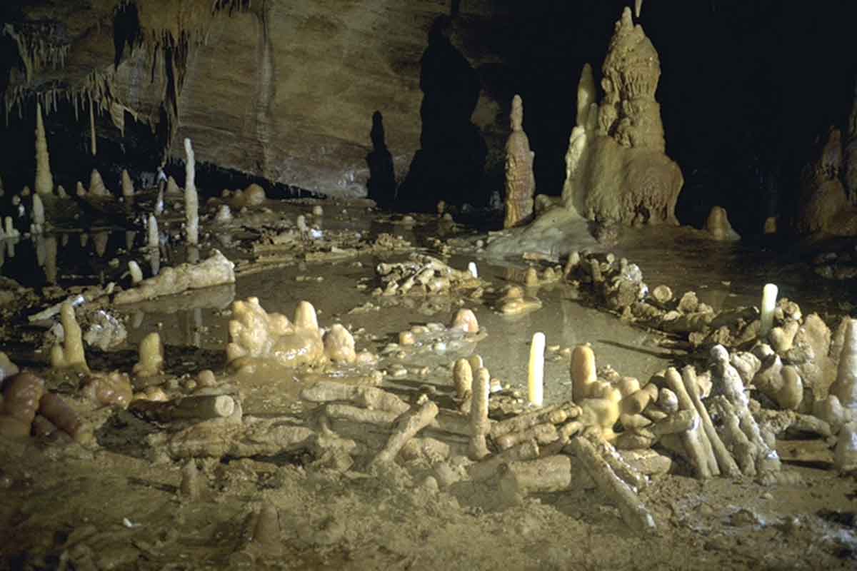 Smallish stalagmites vaguely discernible as arranged in a jumbled ring on a limestone cave floor